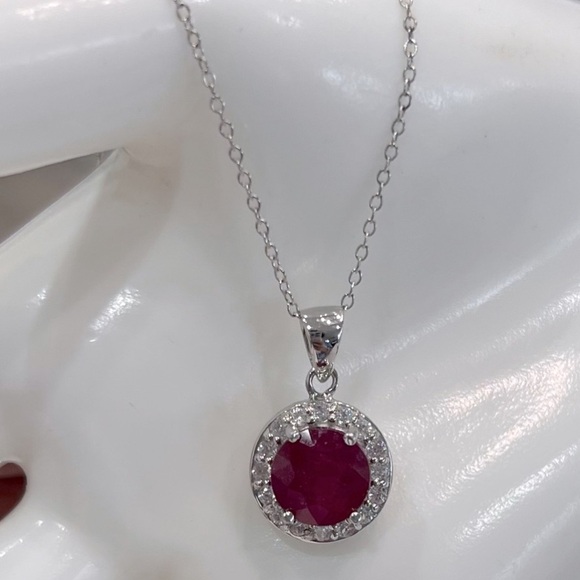 Niassa Ruby White Zircon Sterling Silver Halo Pendant Necklace - Picture 10 of 14